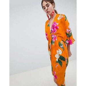 Kimono Midi Dress In Bold Floral Jacquard Size 8